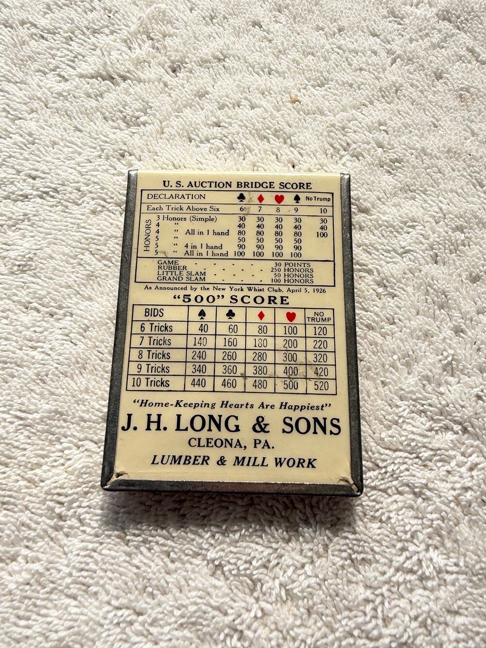 ADV. BRIDGE SCORE PAD HOLDER FROM J H LONG & SONS MILLWORK- CLEONA, PA